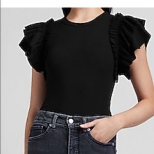 Express Ribbed Ruffle Sleeve Top-Black {NWOT}